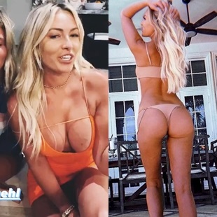 Paulina Gretzky pops out her nude tit and flaunts her tight round ass cheek...